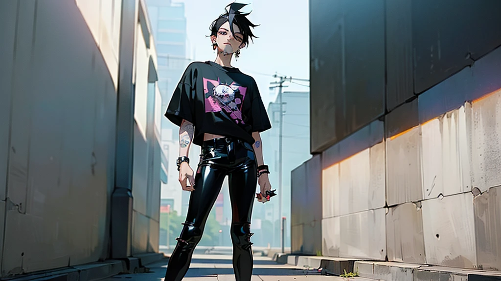 (((masterpiece,Highest quality))),((Anime boy with black hair and black eyes wearing a punk rock t-shirt and patent leather pants)),((Has multiple ear piercings)),((Has two lip piercings)),(Glaring),Standing alone in the middle of the concrete jungle,Focus on people,anime,