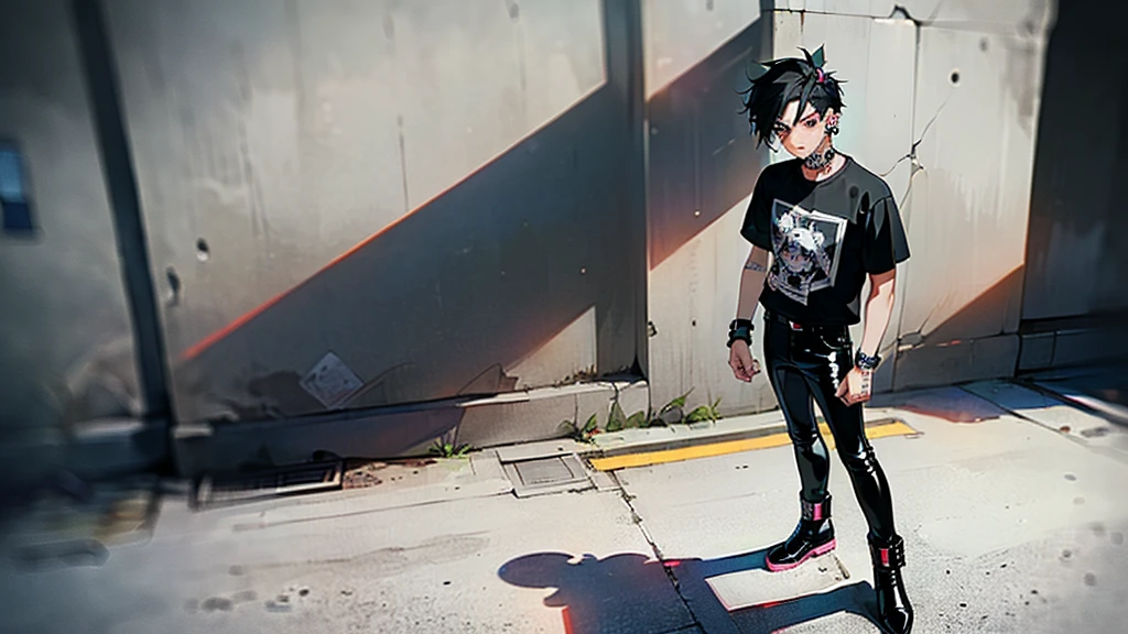 (((masterpiece,Highest quality))),((Anime boy with black hair and black eyes wearing a punk rock t-shirt and patent leather pants)),((Has multiple ear piercings)),((Has two lip piercings)),(Glaring),Standing alone in the middle of the concrete jungle,Focus on people,anime,