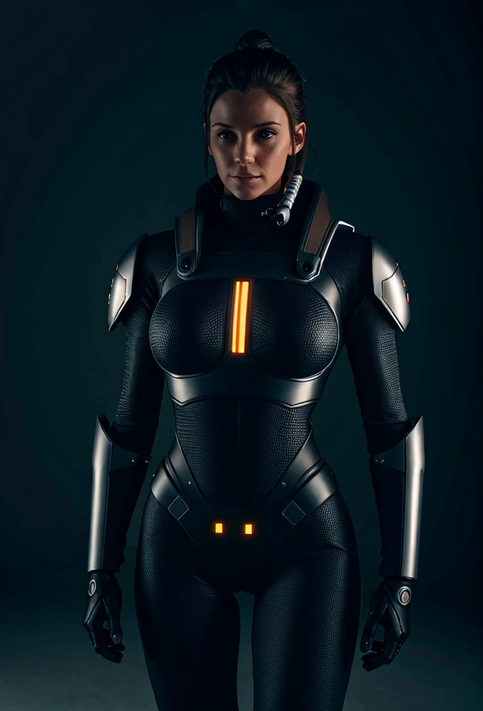 una mujer con auriculares parada junto a un robot, Arte ciberpunk de Jason A.. English, CGSOCIEDAD, retrofuturism, Ilia Kuvshinov, Science fiction, futuristic, vibrante, photorealista, realista, dramatic, cinematic lighting, Sharp focus, 8k