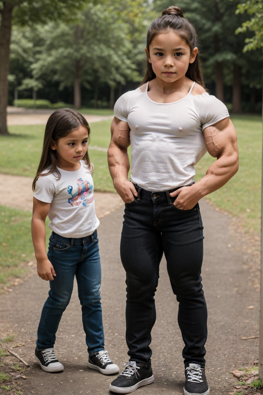 extreme muscular 8 year old children bodybuilder girl, long hair, in a park, jeans pants, cotton tshirt