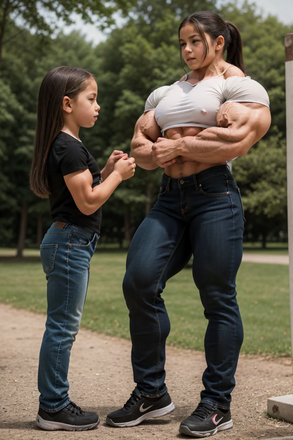 extreme muscular 8  children bodybuilder girl, long hair, in a park, jeans pants, cotton tshirt