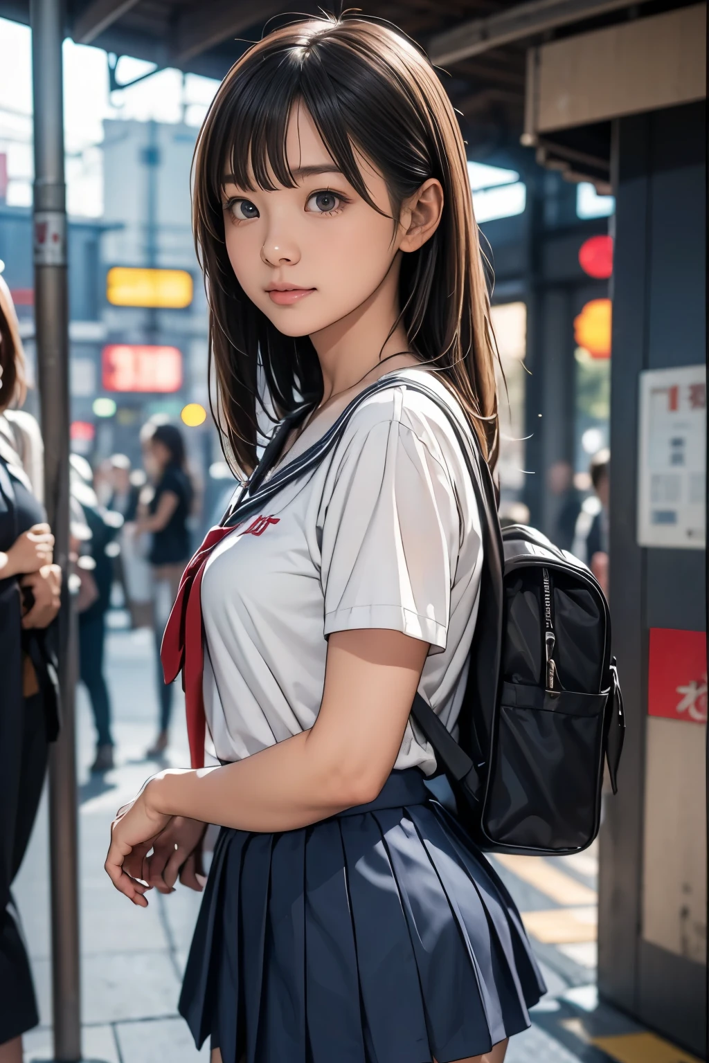 (masterpiece, Highest quality:1.2), Browsing Caution, ((4 Japanese women:1.4)) ,、 Idol Style, ((White shirt, Sailor , Navy pleated mini skirt:1.2)),(Carry a school backpack:1.0), ((Crowded station platform、Waiting for the train)), Black Hair, Slender and beautiful figure、Small and beautiful breasts, Beautiful legs, (Central Tokyo、Terminal Station), smile, 8k,(Variety of faces and hairstyles:1.3)、Ultra-Realistic Images,