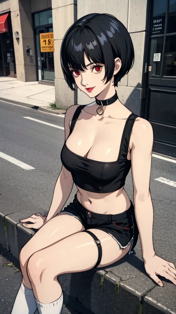 1 girl, red eyes, very Short hair, black choker, lipstick , smile, black hair, tomboy Pixie haircut, shorts, long socks, white bandeau, belly, medium breast, extreme micro shorts, stockings, cowboy shot, sit, street