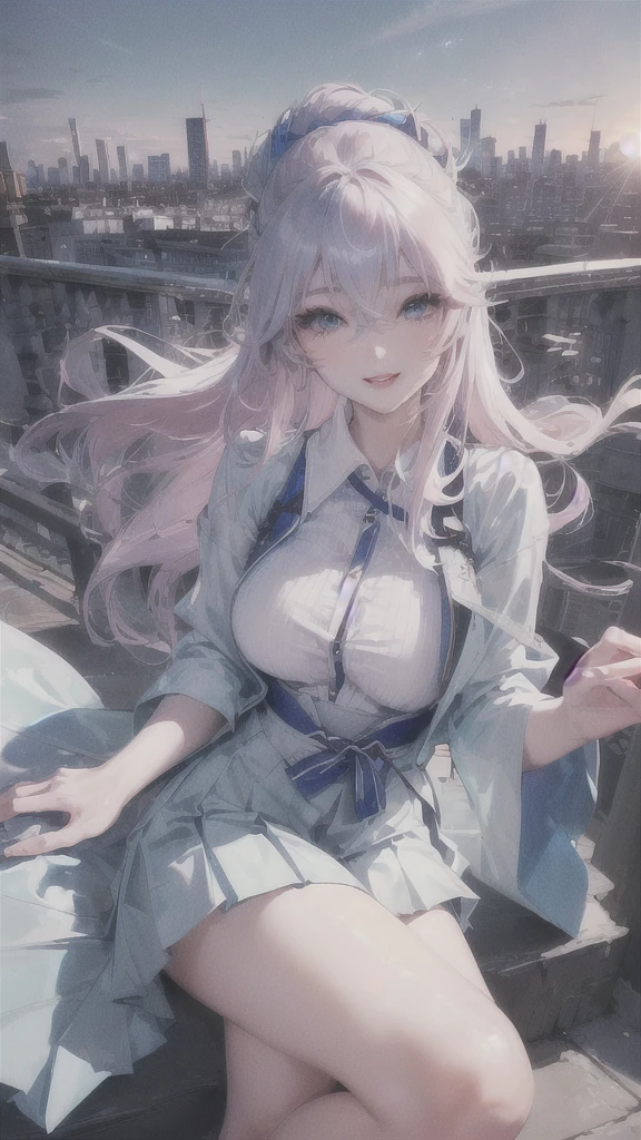 official art, masterpiece, sharp focus, (beautiful gorgeous cute Korean woman:1.3), (beautiful cute korean:1.3), korean beauty, Delicate and beautiful hair and eyes and face, realistic, ultra detailed, beautiful girl, blue sky, glow white particle, (sidelighting:1.2), sun light, white cloud, detailed clouds, slender, Lovely very large breasts and very large hips, smile with teeth, ((smile with eyes, open both eyes)), scenery, long straight hair, sexy facial expression, building, (cityscape:1.7), dynamic hair, long straight hair, detailed platinum pink hair, glow blue eyes, (blue pleated shirts + white skirt), white long socks, pale skin, hair ornament, epic scenery,