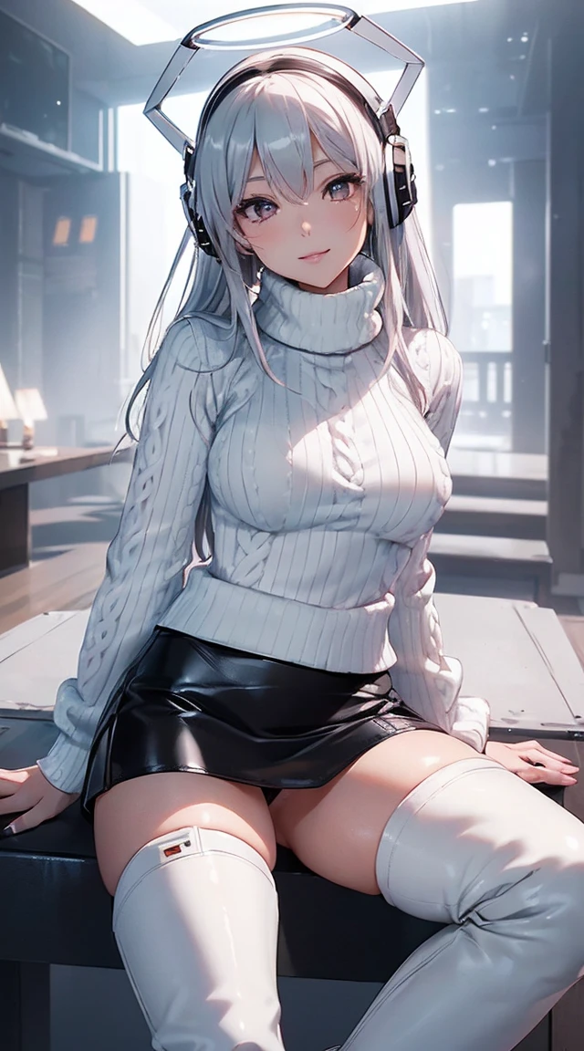 smile、((8k)), ((32k)), ((Highest quality)), ((masterpiece)), ((超A high resolution)), ((Tmasterpiece)), ((halo:1.4))、((White mechanical headgear:1.3))、((White mecha cyber headphones:1.3))、Fine skin, High quality fabric, ((Beautiful and dense face))、RAW Photos、Professional, Ultra-fine painting, ((alone)), Beautiful breasts、Highest quality, Very detailed, Very detailed詳細, Finer details, so beautiful, Full body description、on a futuristic street、White thigh-high boots、(Woman wearing a black leather miniskirt:1.8)、(Wearing a white knitted turtleneck sweater:1.8)、 take a walk、Beautiful legs、(Machine Eyes:1.3)、drooping eyes: 1.3,, (In 8K) , masterpiece, (No retouching, Lip gloss, False eyelashes, Real Skin, Highest quality, 超A high resolution, Depth of written boundary, chromatic aberration, Caustics, Wide Lighting, Natural Shading))、Korean Idol、Asian woman smiling at camera,、Young and cute gravure idol, Young and skinny gravure idol, Realistic Young Gravure Idol, Young Gravure Idol, Japanese Model, Shot with Canon EOA 6D Mark II, Shot with Canon EOS 5D Mark IV, Young Gravure Idol、(White thigh-high boots:1.5)、(Long silver hair:1.1), cowboy_shot, Side Focus, Shiny、Concept Art, Anime fantasy artwork, (((Long silver hair))), 8K high quality, detailed art, In 8Kのキャラクターアートの3Dレンダリング, neat legs, Defined, Defined fingers,