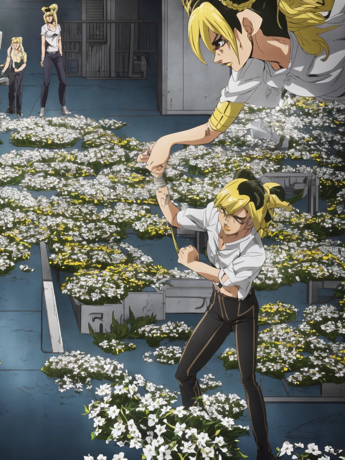 23 year old girl White hair mixed with light yellow yellow eyes Height 163 cm white shirt with open shoulders Long jeans black sneakers Jojo's stand behind the surface is white steel. There was a cluster of flowers wrapped around the stand.