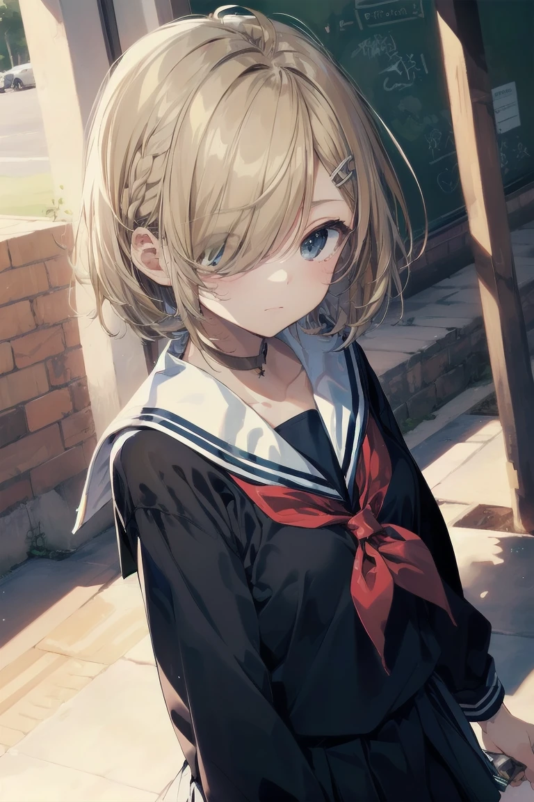 highest quality, anime moe art style,Best Anime 8K Kona-chan Wallpaper,Pixiv contest winners,perfect anatomy, (Please draw a girl walking sleepily to school.. ),break, 1 girl, (alone,,,13 years old:1.3),high school student, short hair, amount, (hair above one eye:1.7),All limbs, full finger,medium breasts, between legs, small eyes,Precise black eyes, hair clip, (sailor suit:1.5),(school uniform:1.5) skirt,On the way to school. break,Super detailed,High resolution,super dense skin, professional lighting,8K eye details, (cute illustration:1.2),blonde,blonde hair,No expression,(hair over one eye:1.5)