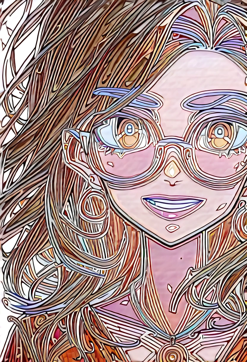 Curly hair, of medium length, with a color gradient from dark brown at the roots to lighter brown at the ends.
Medium skin tone.
Prescription glasses with a transparent frame.
Well-defined eyebrows.
Wide smile and white teeth.
Wearing red or similarly colored lipstick.
Wearing a denim top or dress with buttons.
Wearing a necklace with a round pendant.

Nose: Medium-sized nose with a straight bridge.
Ears: Partially visible ears, appear to be medium-sized, and wearing gold hoop earrings.
Eyes: Almond-shaped eyes, appear to be dark brown, and highlighted by the prescription glasses with a transparent frame.
Mouth: Medium-sized mouth with well-defined lips, painted with red or similarly colored lipstick.