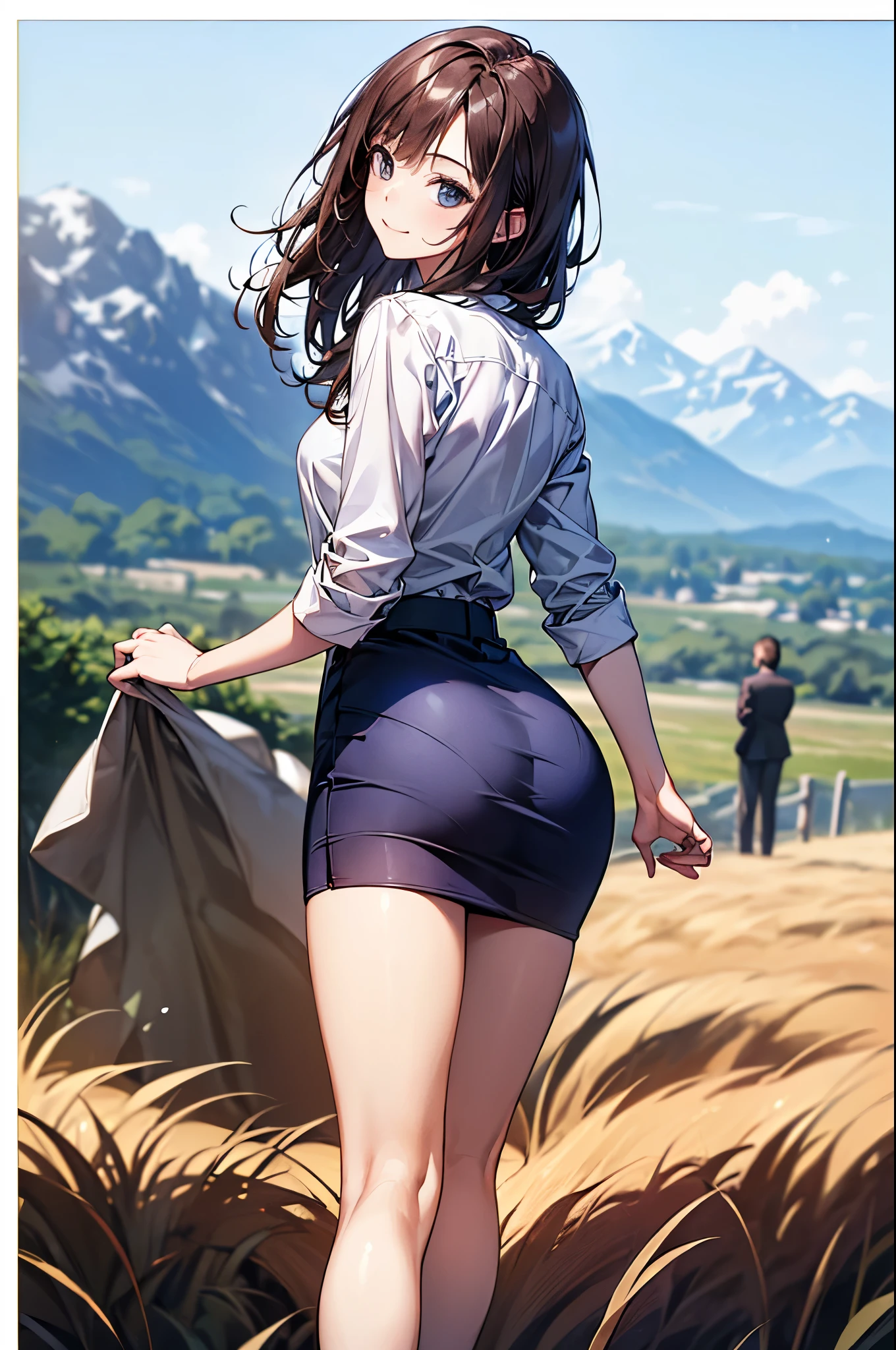 ((Biologically correct limb count))、((whole body including face))、4K、Masterpiece、((Focus on the face))、((Symmetrical, well-proportioned facial features))、Eyes with delicate depictions、(((1 person)))、Beautiful woman、Outstanding style、Slender Body、((Navy blue check skirt、uniform、shirt、(High heels)))、(smile）、(Close-up photo of the upper body）、High angle、Back view, standing and looking up、Photo with white border、、The background is a beautiful landscape