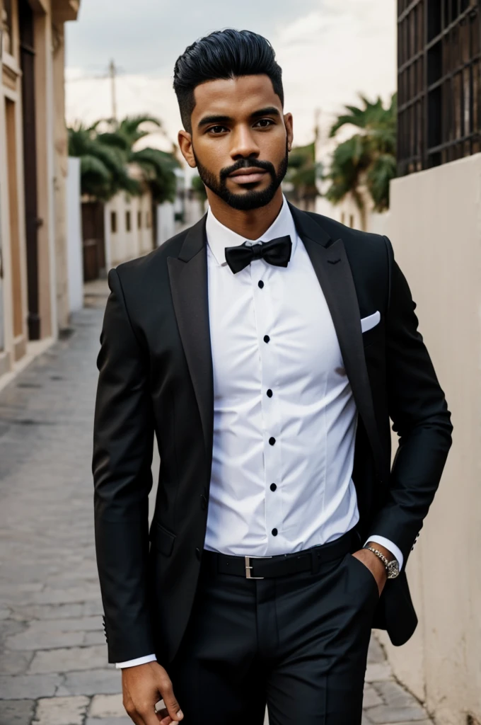 Hombre pelo negro traje blanco 