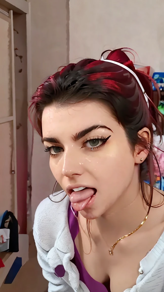 Sexy goth blowing a man with a huge member, purple hair, (20 years old woman), milk draining from mouth, humungous breast, small waist, mouth full, look of pain, beautiful detailed eyes,looking at viewer, stunningly beautiful woman, detailed hairstyle, bedroom, (sweat:1), high-quality