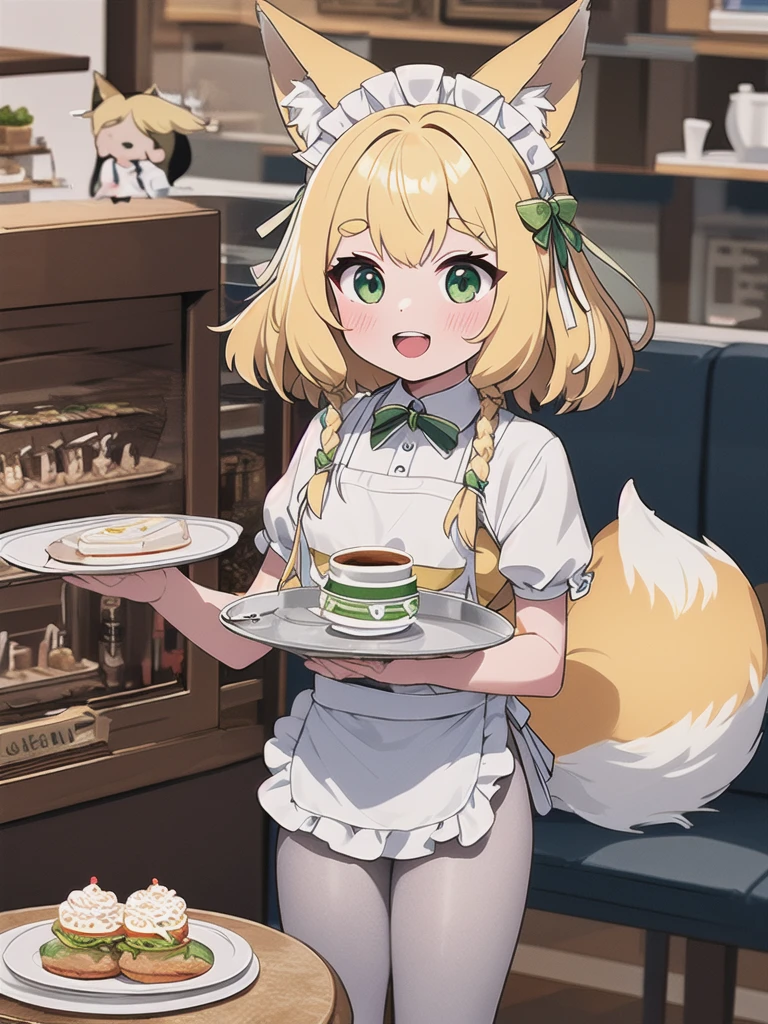 Highest quality, masterpiece,1 Girl,Yellow round eyebrows,Blonde Hair, Big fox ears,Big fox tail, Long green eyes,Green maid apron,White ruffle skirt,Small breasts,Coffee shop,have_Silver round tray,Green round dish on a tray,,White pantyhose,Green boa boots,((Chibi)),smile,Open your mouth wide,teeth