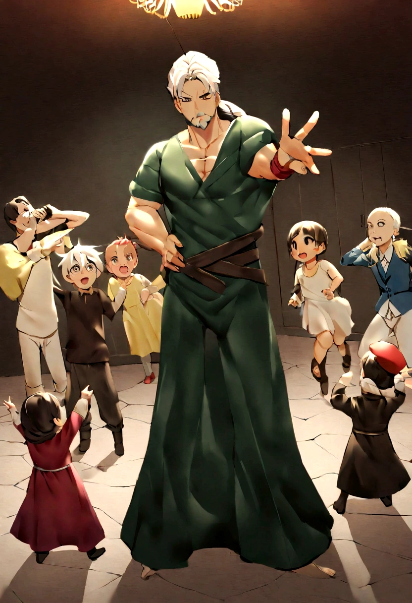 salon de juegos de video, esta un papa moreno de 1.98 de contextura robusta, con dreadloks que llegan a los hombros, luce un pantalon ancho camuflado y camisa negra, playing with his two sons, one 6 and one 8 years old, y sus dos hijas, a three-year-old and an 11-year-old, los hijos son todos de piel clara, mientras pasan una excelente tarde de juegos y diversion por el dia del padre, estan jugando juntos