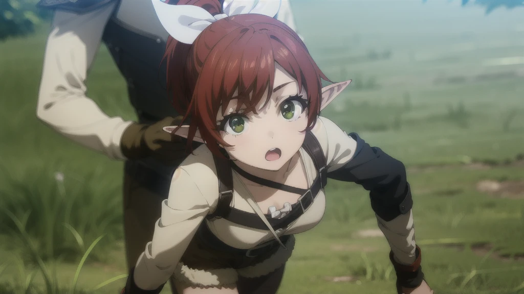 NSFW,(((1girl,1boy,sex,vaginal ))),clothed,rheafighter, rhea fighter, (green eyes:1.5), hair ribbon, ponytail, red hair, pointy ears, elf, white bow, white ribbon, ribbon,
BREAK gloves, bow, pantyhose, shorts, belt, armor, black pantyhose, fur trim, short shorts, brown gloves, toeless legwear, legwear under shorts, brown shorts,
BREAK outdoors, forest, grass, nature, sky, cloud, sun,
BREAK looking at viewer, (cowboy shot:1.5),
BREAK (masterpiece:1.2), best quality, high resolution, unity 8k wallpaper, (illustration:0.8), (beautiful detailed eyes:1.6), extremely detailed face, perfect lighting, extremely detailed CG, (perfect hands, perfect anatomy),