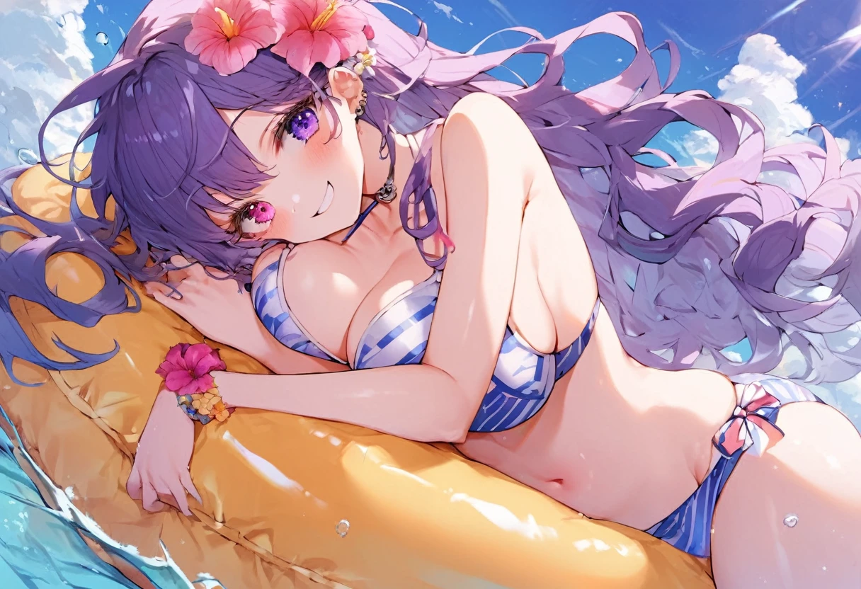 score_9, score_8_superior, score_7_superior, score_6_superior,ca fake female anime porn video with pretty girl in bikinis on an inflatable raft, 1girl, breasts, swimsuit, bikini, long hair, purple hair, solo, heterochromia, navel, hair flower, flower, looking at viewer, purple eyes, smile, large breasts, cleavage