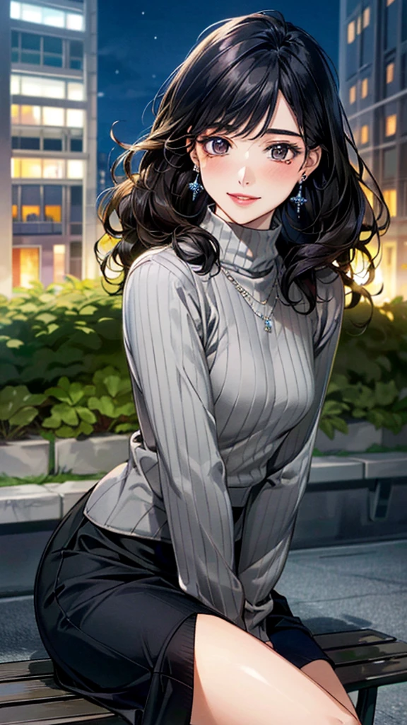 (masterpiece:1.3, Highest quality, Ultra-high resolution, Super detailed), (Realistic, photoRealistic:1.4), Beautiful illustrations, Perfect lighting, colorful, Depth of written boundary,
Beautiful detailed hair, Beautifully detailed face, Beautiful fine details, Beautiful clavicle, Beautiful body, 美しいLarge Breasts, Beautiful thighs, Beautiful feet, Beautiful fingers,
View Viewer、Front view:0.6, Beauty1人, Japanese, Beauty、30 years old, Perfect Face, (Perfect Anatomy, Anatomically correct), Cute and symmetrical face, Baby Face, , Shiny skin,
((Dark grey turtleneck sweater:1.4)),(((Long skirt 1.5)))
(Black Hair, Medium Wavy Hair:1.4), Dark brown eyes, (Large Breasts), Slim body,
necklace, (Small earrings:1.4),
(Beautiful views), (night), (city, cityscape in the distance), Sitting on a bench, A soft smile、(Smile, Lips parted),