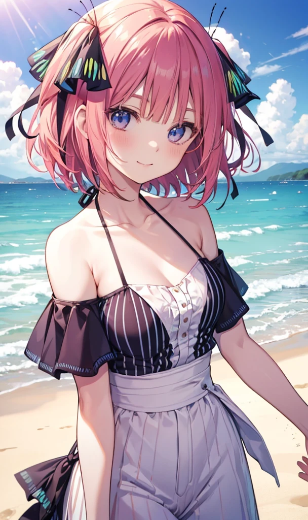 Nino Nakano is a character that appears in the anime "The Quintessential Quintuplets" 「The background is a sunny day at the sandy beach...」The eyes of this character are blue. My hairstyle is a bob cut with shockingpink color. This character is wearing a butterfly hair accessory. Please focus on this character. This character has a very lovely smile.high Quality. .. masterpiece,best quality,ultra detailed, My breast size is D cup. The background is a sunny day at the sandy beach. This character is wearing an off shoulder bikini. The off shoulder bikini has a pattern of purple and black stripes.