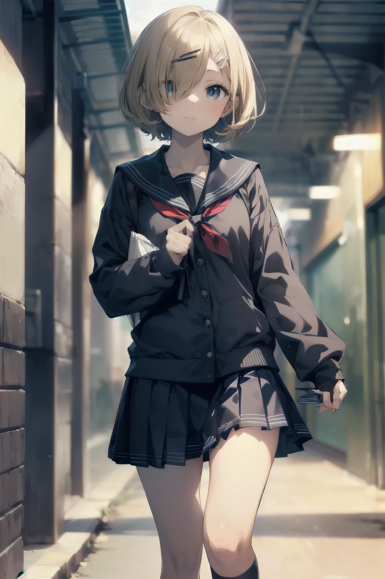 highest quality, anime moe art style,Best Anime 8K Kona-chan Wallpaper,Pixiv contest winners,perfect anatomy, (Please draw a girl walking sleepily to school.. ),break, 1 girl, (alone,,,:1.3),high school student, short hair, amount, (hair above one eye:1.7),All limbs, full finger,medium breasts, between legs, small eyes,Precise black eyes, hair clip, (sailor suit:1.5),(school uniform:1.5) skirt,On the way to school. break,Super detailed,High resolution,super dense skin, professional lighting,8K eye details, (cute illustration:1.2),blonde，blonde hair，No expression，(hair over one eye:1.5)