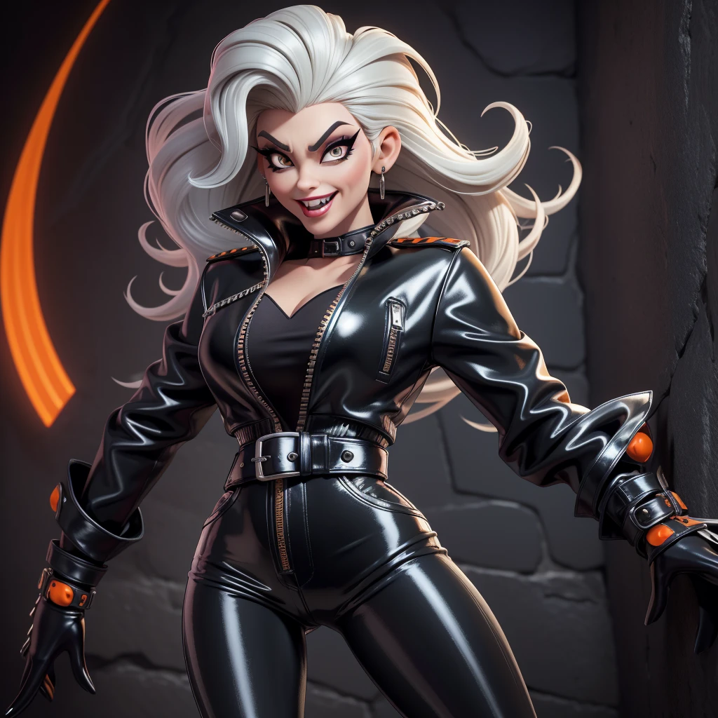obra prima, melhor qualidade, (cruella deville, barbie, vamp 70yo face wrinkles,) head back, sassy wicked girl, big toothy smile, open mouth, maniacal, extreme, thick smoky black eye shadow, long fake eyelashes, raven black mullet hair, ((metallic hot orange pvc biker jacket, skinny jeans,)) with studs zippers snaps, shiny leather gloves, body is skinny, against the wall, shiny tight buttocks, hump, camera view of whole body, looking up at me, shallow depth of field, highres, HD, 8k, anatomically correct