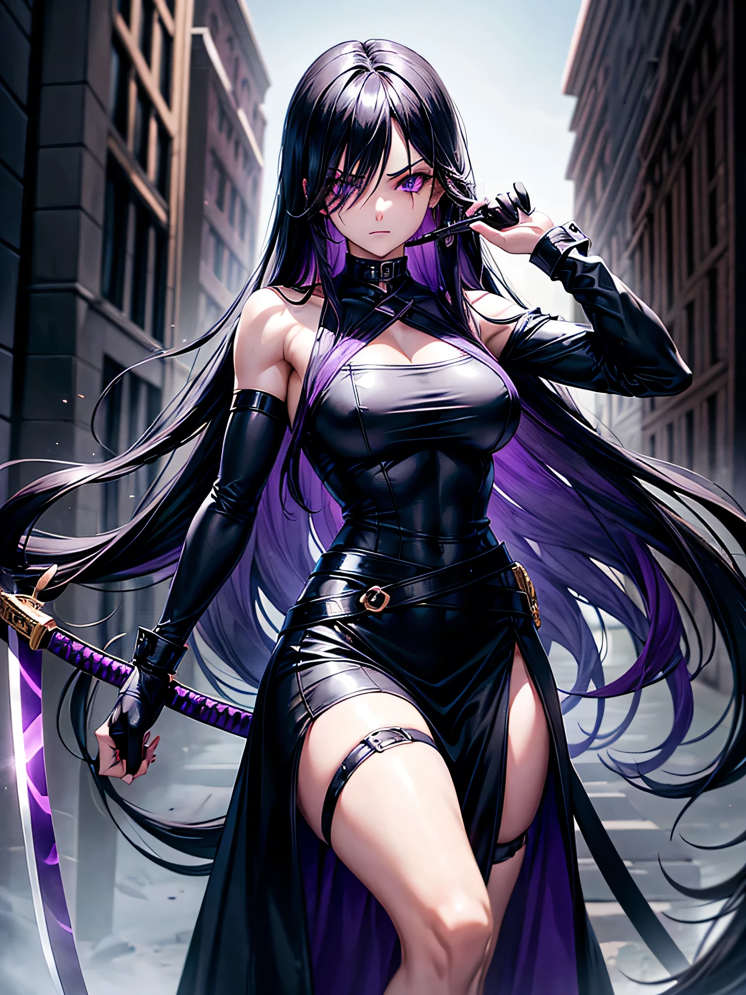 A girl with lazy really long black hair covering her right eye, sharp purple eyes, a muscularly lean body with strong forearms, wearing a black suit with a long black skirt, black thights, black gloves and violet jewelry and black chains, carrying a purple katana on her waist. Assassin in an urban city. 