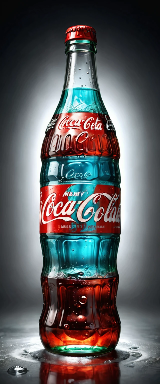 a large glass coca-cola bottle, photorealistic, 3d render, highly detailed, studio lighting, glossy surface, dynamic reflections, glass material, cold refreshing drink, condensation, ice cubes, vibrant colors, dramatic shadows, cinematic composition, (best quality,8k,highres,masterpiece:1.2),ultra-detailed,(realistic,photorealistic,photo-realistic:1.37)