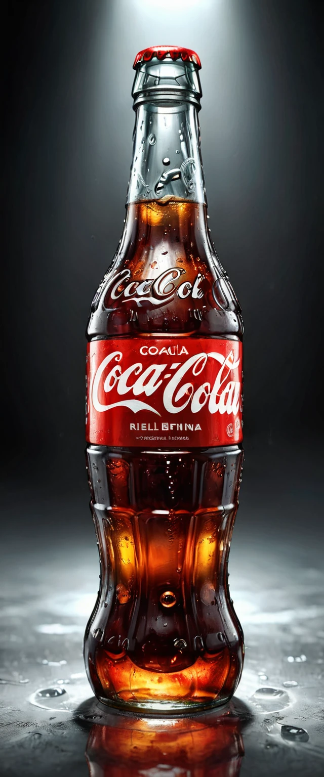 a large glass coca-cola bottle, photorealistic, 3d render, highly detailed, studio lighting, glossy surface, dynamic reflections, glass material, cold refreshing drink, condensation, ice cubes, vibrant colors, dramatic shadows, cinematic composition, (best quality,8k,highres,masterpiece:1.2),ultra-detailed,(realistic,photorealistic,photo-realistic:1.37)