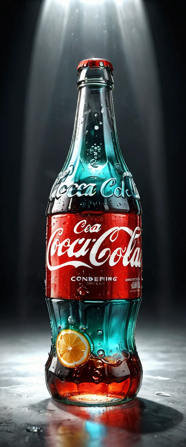 a large glass coca-cola bottle, photorealistic, 3d render, highly detailed, studio lighting, glossy surface, dynamic reflections, glass material, cold refreshing drink, condensation, ice cubes, vibrant colors, dramatic shadows, cinematic composition, (best quality,8k,highres,masterpiece:1.2),ultra-detailed,(realistic,photorealistic,photo-realistic:1.37)