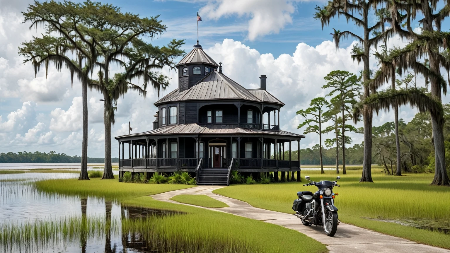 a traditional black beach house with octagonal turret & octagonal cupola on top of roof, motorcycle in the front yard, near by a lake surrounded with bald cypress trees & marshes, cloudy skies, Louisiana swamp, background