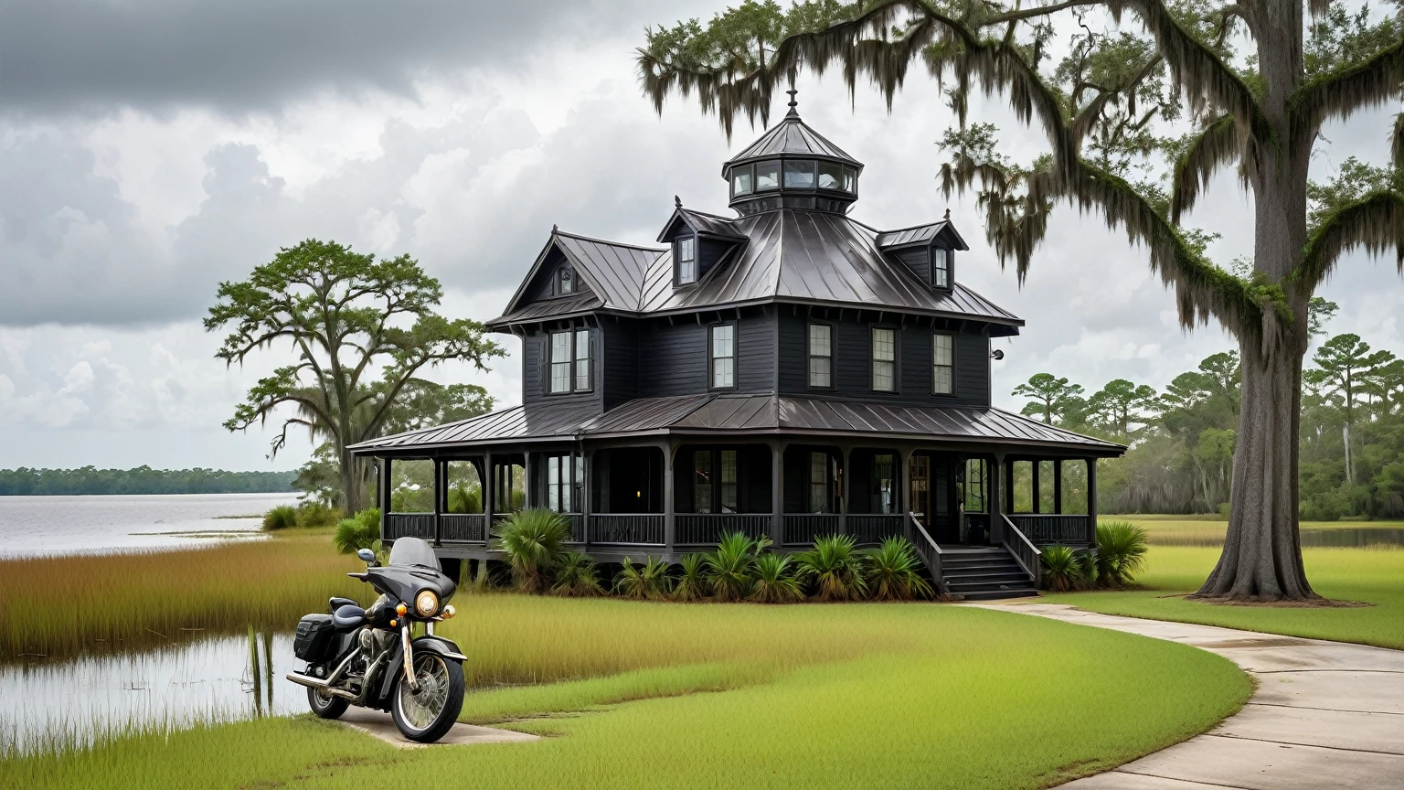 a traditional black beach house with octagonal turret & octagonal cupola on top of roof, motorcycle in the front yard, near by a lake surrounded with bald cypress trees & marshes, cloudy skies, Louisiana swamp, background