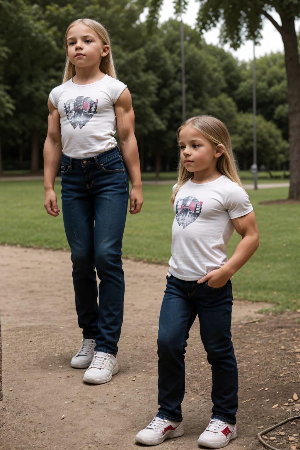 extreme muscular 8 children bodybuilder girl, long blonde hair, in a park, jeans pants, cotton tshirt