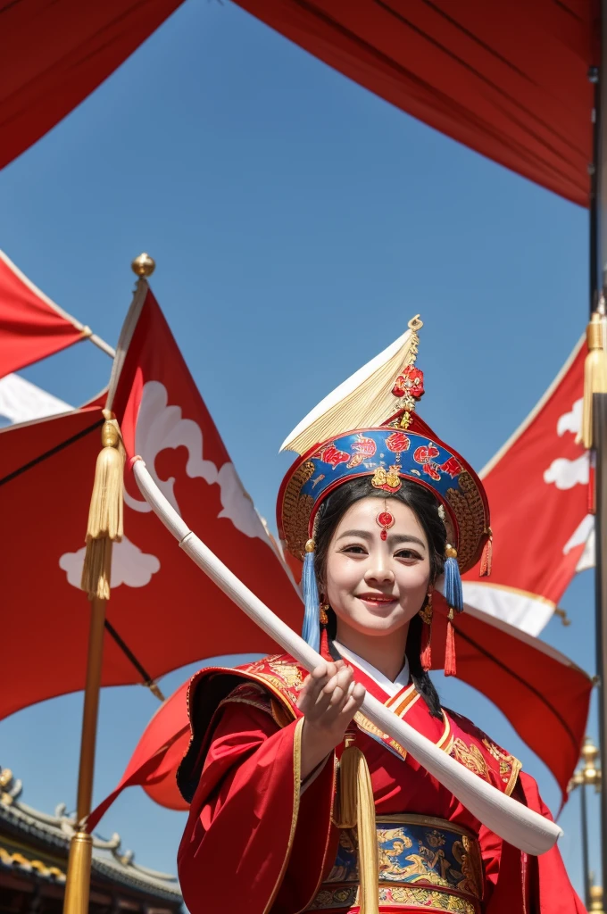 A group of people in Peking Opera costumes at the temple fair. The first person holds a flag. The people behind him beat gongs and drums. Many people are around. The sightseeing line is dim.
