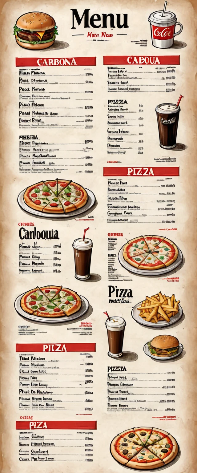 illustration of a restaurant menu, first picture: in the middle the word "menu" in big letters, in the corners of the picture burger, pizza, cappuccino, carbonated drink, hot dock, closed pizza,
second picture of the menu: dishes are arranged in staggered order: assorted pizzas, their names and prices, French fries, nuggets and prices, sodas (coke).