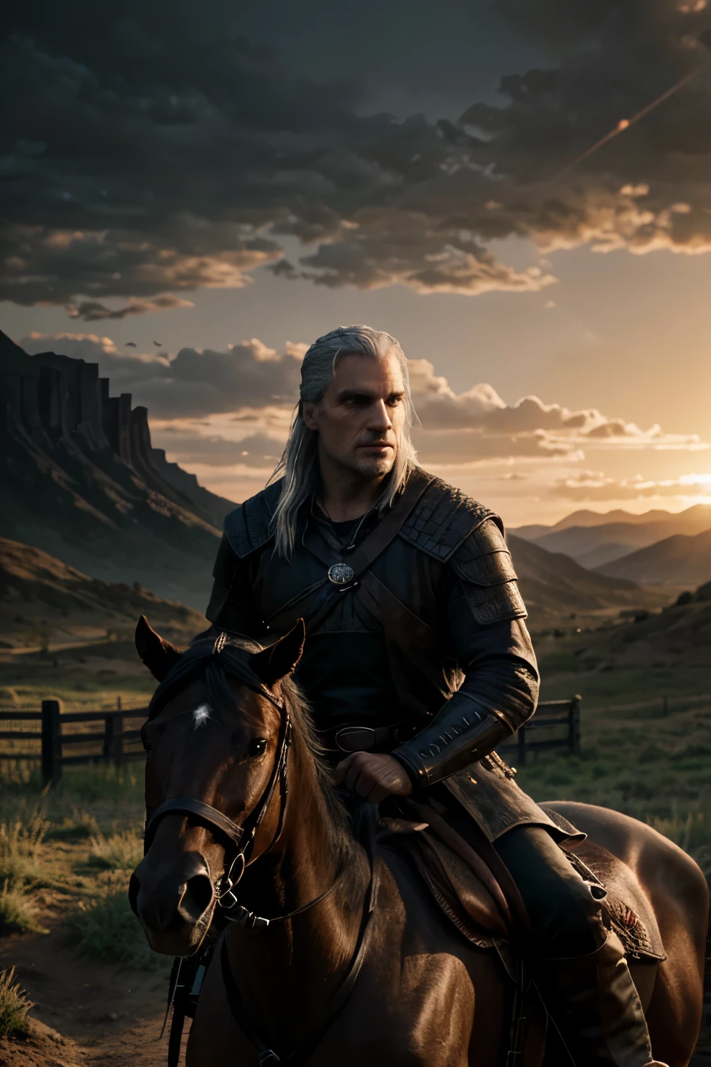 Vantage, sunset design, illustraion, digital art, geralt of rivia, the wither, netflix, the withcher, geralt is stand near the horse and have the sword in his hand, dark look, Horse, T shirt design, vantage illustration, Black horse