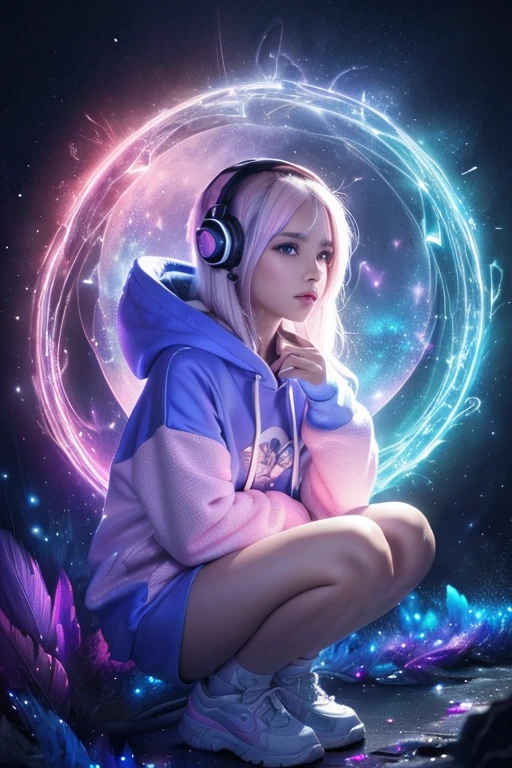 (A beautiful girl with black eyes in a night frame, full of stars, a decorative panel, abstract art, side shot, photorealistic, light pink hair, straight hair, beautiful black hair, glowing white skin, picturesque, sketch, texture, extremely high resolution, alone, beautiful woman, very detailed, fractal art, colorful, floral, most detailed, tangled, dynamic pose, abstract background, glowing skin, many colors, earrings, feather), (A cute chipmunk with fluffy fur wearing a silver blue outfit, including a hoodie and headphones, the background is modern and inorganic, adorable digital painting, 3d rendered, bright lighting, vibrant colors, outside and raining)