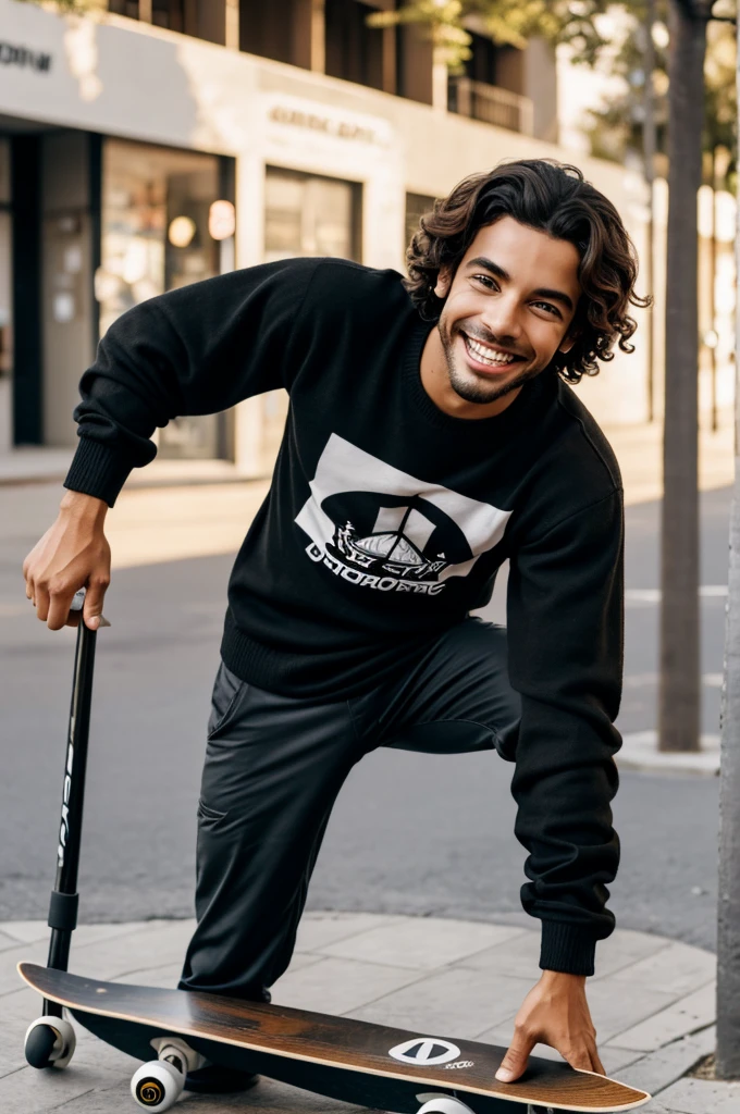 Un chico con cara fina sonrisa delgada lentes ojos cafes pelo largo rapado a los lados con un sueter negro y una skate