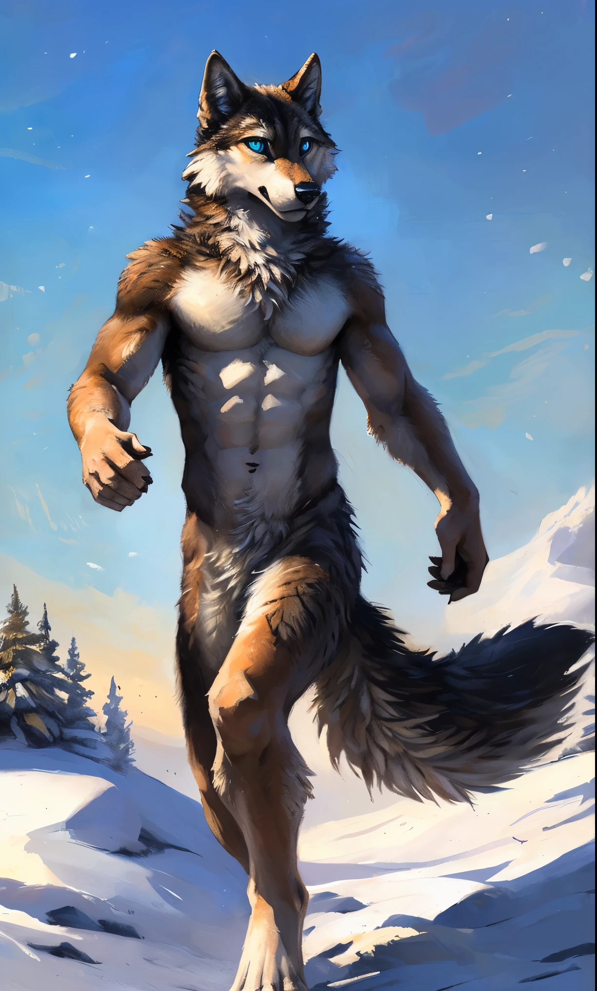 ((Solo)), male people, anthro wolf, (Multi-colored fur, White-brown:1.3，White tail pointed), (Height 2.1m,Tail length 1.5m), ((Wolf face, Big eyes, White eyelids, Blue pupil, Slim:1.2) (Tough, Calm expression:1.2)), Abs, Slim, pinging)), (Correct anatomy), Naked all over the body,A long big tail，Feet，(Realistic fur, Detailed fur texture, labeled:1.3)), (Natural lighting), Photorealistic, Hyperrealistic, ultradetailed, by Kenket，Snowfield，No artifacts, Running on