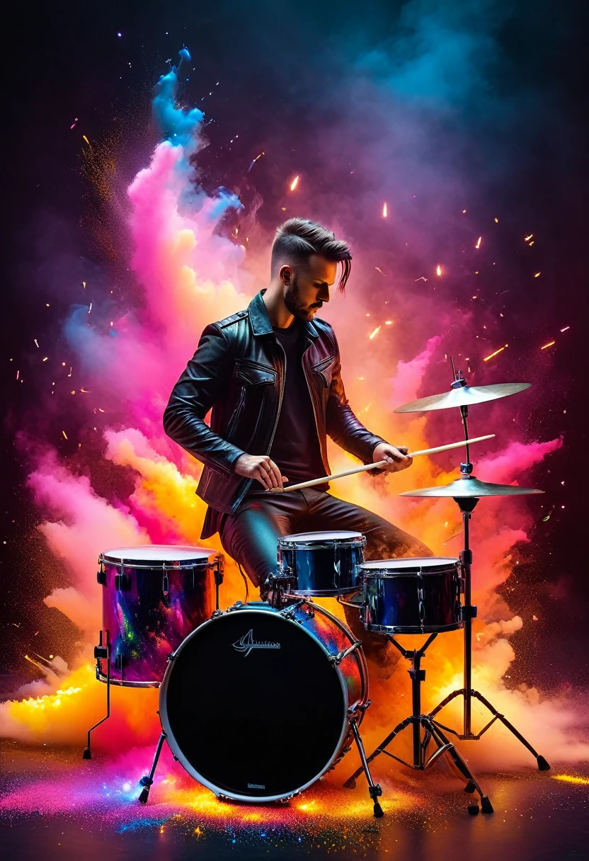 cyberpunk styled artist (drummer), (rockstar), (best image quality,4K,8k,HD,Meisterwerk:1.2),Super detailliert,(lebensecht,lebensecht,lebensecht:1.37)。Kreative Tapetengestaltung,extremely beautiful,Buntes Konfetti explodiert wie Feuerwerk,(((young drummer,Schlagzeug spielen,Buntes Konfetti spritzt aus dem Schlagzeug,Tanzen Sie zur Musikmelodie)))Energetische Bewegung,Dynamische und kraftvolle abstrakte Kunst,Bunt,Lebendige Regenbogenfarben,Cheerful and lively atmosphere,leuchtendes Orange,Rosa,Whimsical and dreamy,dunkler Hintergrund