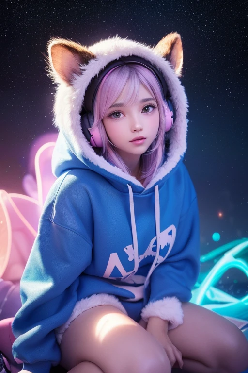(A beautiful girl with black eyes in a night frame, full of stars, a decorative panel, abstract art, side shot, photorealistic, light pink hair, straight hair, beautiful black hair, glowing white skin, picturesque, sketch, texture, extremely high resolution, alone, beautiful woman, very detailed, fractal art, colorful, floral, most detailed, tangled, dynamic pose, abstract background, glowing skin, many colors, earrings, feather), (A cute chipmunk with fluffy fur wearing a silver blue outfit, including a hoodie and headphones, the background is modern and inorganic, adorable digital painting, 3d rendered, bright lighting, vibrant colors, outside and raining)