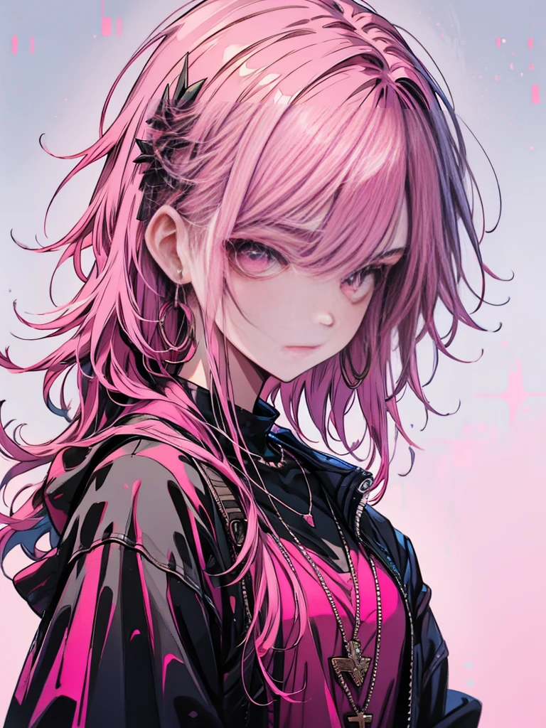 red stream, 1 girl, smile, alone, Long Hair, Looking at the audience, White Background, jewelry, Mouth closed, Jacket, Upper Body, Pink Hair, Earrings, Pink Eyes, necklace, From the side, sweater, eyelash, Compensate, short hair, Earrings, cross, ear Earrings, eye shadow, hoop Earrings, variegated hair, Pink Theme, , pink eye shadow