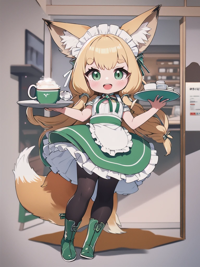 Highest quality, masterpiece,1 Girl,Yellow round eyebrows,Blonde Hair, Big fox ears,Big fox tail, Long green eyes,Green maid apron,White ruffle skirt,Small breasts,Coffee shop,have_Silver round tray,Green round dish on a tray,10 years old,White pantyhose,Green boa boots,((Chibi)),smile,Open your mouth wide,teeth