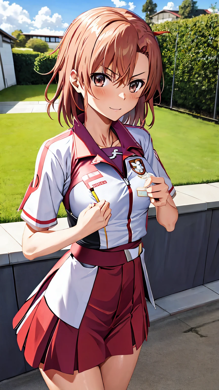 Misaka Mikoto&#39;s Anime View, One girl,  Girl, cute, alone, Chestnut Hair, hairpin,Brown eyes, Are standing, View your viewers,smile,,Anime Style, Student uniform＋＋　　mini skirt