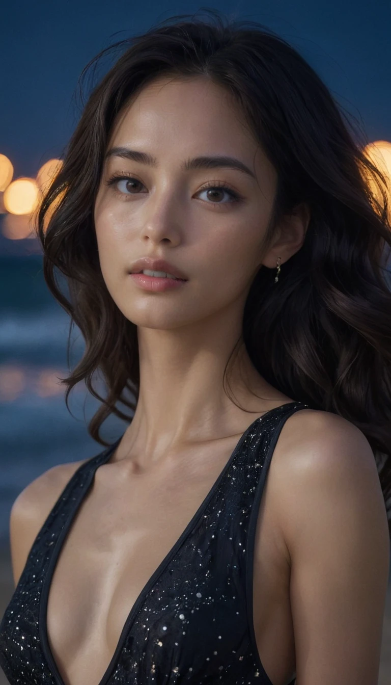 8k, masterpiece, RAW Photos, Highest quality, Realistic, Very detailed, Depth of written boundary, Cinematic Light, Anatomically correct body,
(One sexy and beautiful mature woman:1.2),
Wavy black long hair, Very beautiful face, Exquisitely detailed face, Goddess-like deity々Beautiful, Glamorous Body, Very sensitive skin, Transparent white skin, Sexy ass, Sexy thighs,
Leotard Swimsuit, Detailed cloth texture, Gorgeous necklace, Gorgeous earrings,
Starry sky background, Dark sandy beach at night, Pitch black sea surface,