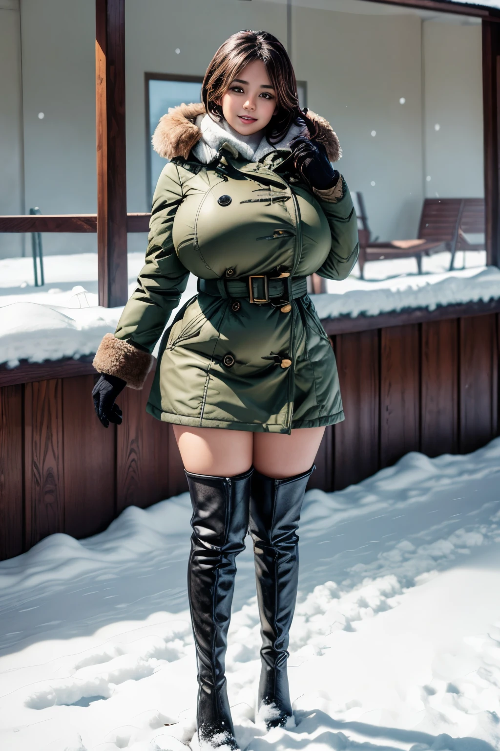 Beautiful plump busty girl in a down coat and over knee boots, photogenic pose, snowy field, full body shot, giga-busty