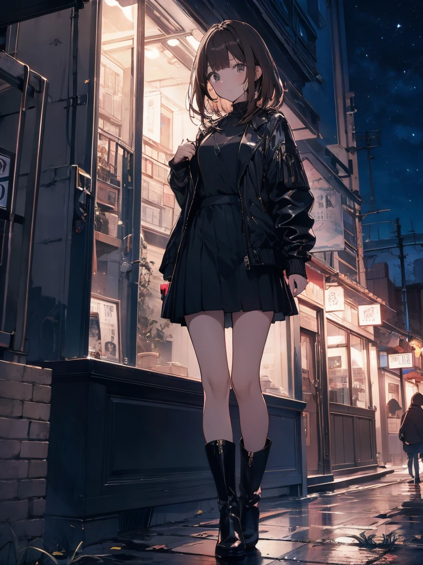 Brown Hair、night、Remains、art、,mini skirt,vision,Small face bangs ,beauty,vision 、boots 、One person 、Black jacket