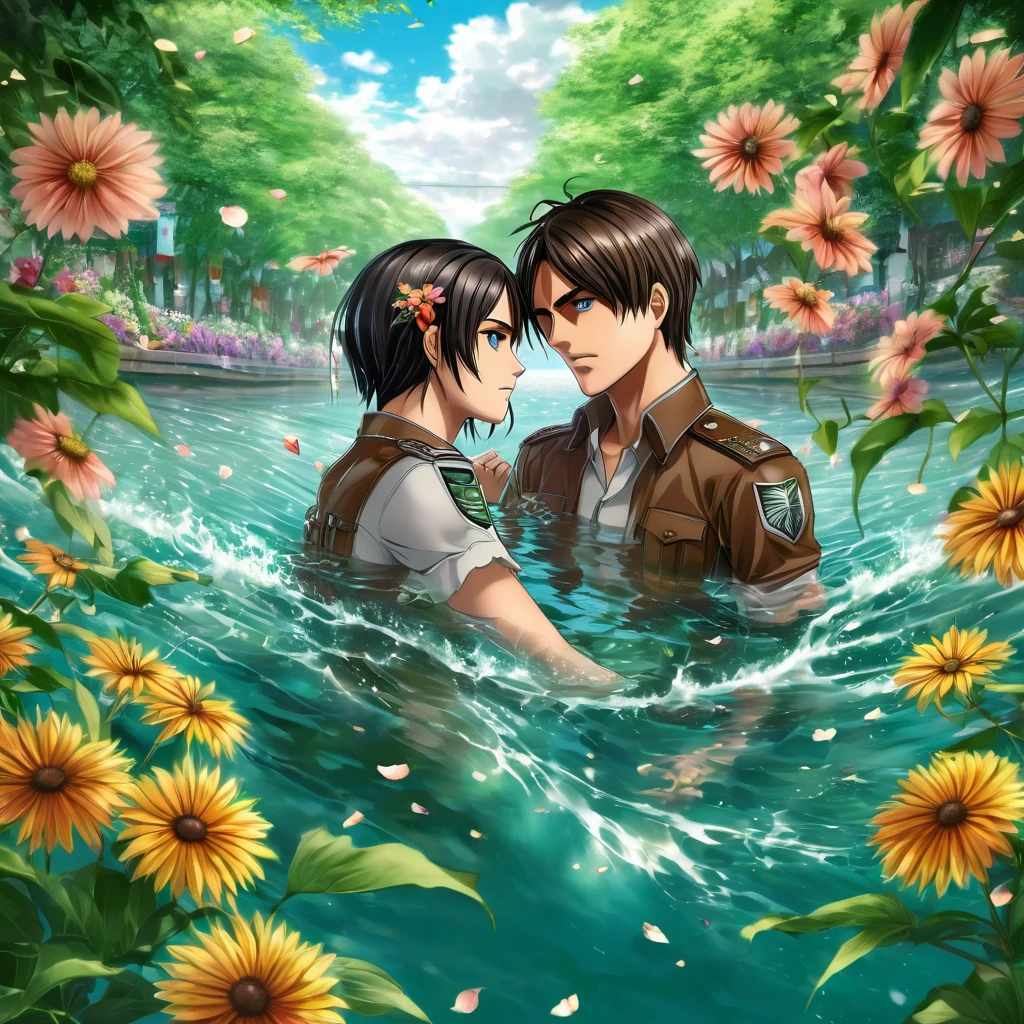 Ultra detailed, highres, absurdres, HDR, Eren Jeager, turquoise eyes, brown hair, Mikasa Ackerman, black hair, grey eyes, Shingeki No Kyojin, flowers, petals, green leaves, water, 1 man together with 1 woman as a couple, handsome, very detailed face and eyes,