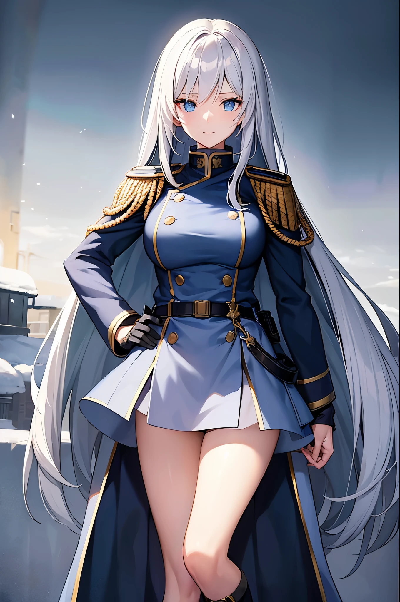 Content:
An anime woman in a military uniform. She has light blue eyes, white hair that ends halfway down her back, and knee-high military boots. She wears a confident smile, looking very mature, with her hands on her hips.

Medium:
Digital art, anime illustration.

Style:
Pixiv contest winner, fine art, with elements inspired by historical military aesthetics and anime character design.

Lighting:
Dramatic, with strong contrasts to highlight her authoritative presence and the details of her uniform. Subtle shadows to add depth and realism.

Colours:
A palette dominated by military greens, blacks, and silvers, with the light blue of her eyes and white of her hair standing out against the darker tones of her uniform.

Composition:
A full body shot with a 50mm lens. The background is a snowy scene, as if a blizzard is happening behind her. She salutes to the camera, showcasing her confidence and authority.