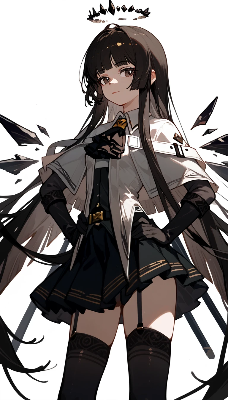 (score_9, score_8_up, score_7_up), source_anime, virtuosa-arknights, portrait, 1girl, solo, black hair, black thighhighs, black gloves, black skirt, white shirt, very long hair, mole under eye, elbow gloves, multicolored hair, garter straps, capelet, detached wings, broken halo, black ascot, pleated skirt, black eyes, blunt bangs, standing, hand on hip, upper body, portrait, white background, simple background