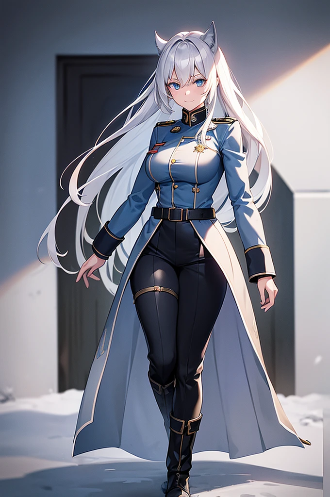 Content:
An anime woman in a military uniform. She has light blue eyes, white hair that ends halfway down her back, and knee-high military boots. She wears a confident smile, looking very mature, with her hands on her hips.

Medium:
Digital art, anime illustration.

Style:
Pixiv contest winner, fine art, with elements inspired by historical military aesthetics and anime character design.

Lighting:
Dramatic, with strong contrasts to highlight her authoritative presence and the details of her uniform. Subtle shadows to add depth and realism.

Colours:
A palette dominated by military greens, blacks, and silvers, with the light blue of her eyes and white of her hair standing out against the darker tones of her uniform.

Composition:
A full body shot with a 50mm lens. The background is a snowy scene, as if a blizzard is happening behind her. She salutes to the camera, showcasing her confidence and authority.