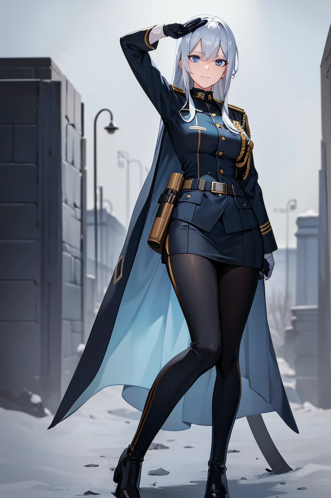 Content:
An anime woman in a military uniform. She has light blue eyes, white hair that ends halfway down her back, and knee-high military boots. She wears a confident smile, looking very mature, with her hands on her hips.
Medium:
Digital art, anime illustration.
Style:
Pixiv contest winner, fine art, with elements inspired by historical military aesthetics and anime character design.
Lighting:
Dramatic, with strong contrasts to highlight her authoritative presence and the details of her uniform. Subtle shadows to add depth and realism.
Colours:
A palette dominated by military greens, blacks, and silvers, with the light blue of her eyes and white of her hair standing out against the darker tones of her uniform.
Composition:
A full body shot with a 50mm lens. The background is a snowy scene, as if a blizzard is happening behind her. She salutes to the camera, showcasing her confidence and authority.