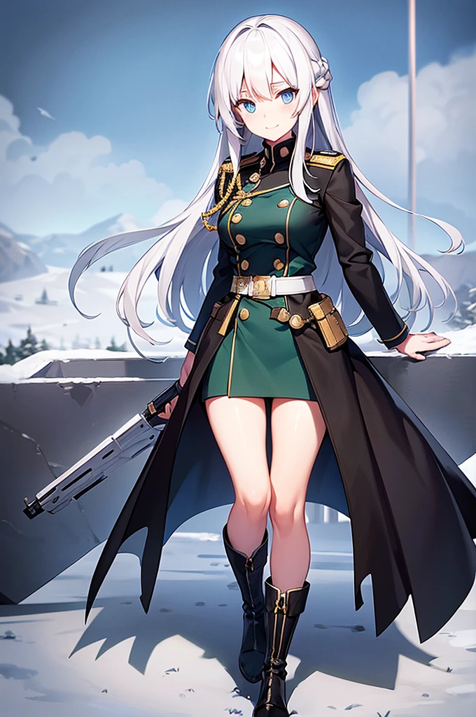 Content:
An anime woman in a military uniform. She has light blue eyes, white hair that ends halfway down her back, and knee-high military boots. She wears a confident smile, looking very mature, with her hands on her hips.

Medium:
Digital art, anime illustration.

Style:
Pixiv contest winner, fine art, with elements inspired by historical military aesthetics and anime character design.

Lighting:
Dramatic, with strong contrasts to highlight her authoritative presence and the details of her uniform. Subtle shadows to add depth and realism.

Colours:
A palette dominated by military greens, blacks, and silvers, with the light blue of her eyes and white of her hair standing out against the darker tones of her uniform.

Composition:
A full body shot with a 50mm lens. The background is a snowy scene, as if a blizzard is happening behind her. She salutes to the camera, showcasing her confidence and authority.